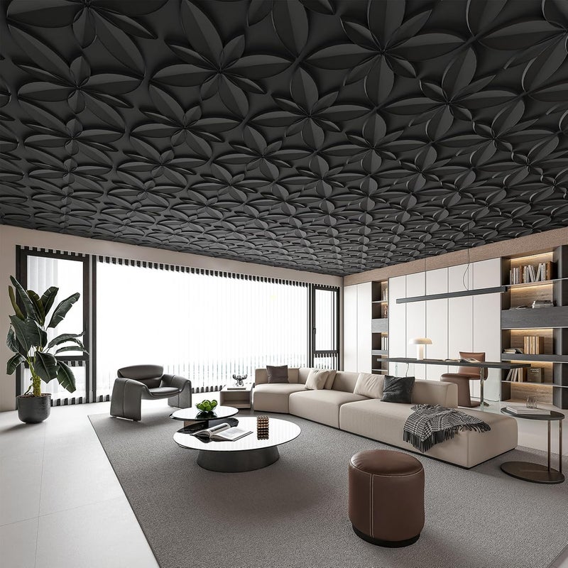 WOWSTAR 12-Pack 24"x24" Drop Ceiling Tiles, Waterproof Glue Up Ceiling Decor, Black - Image 3